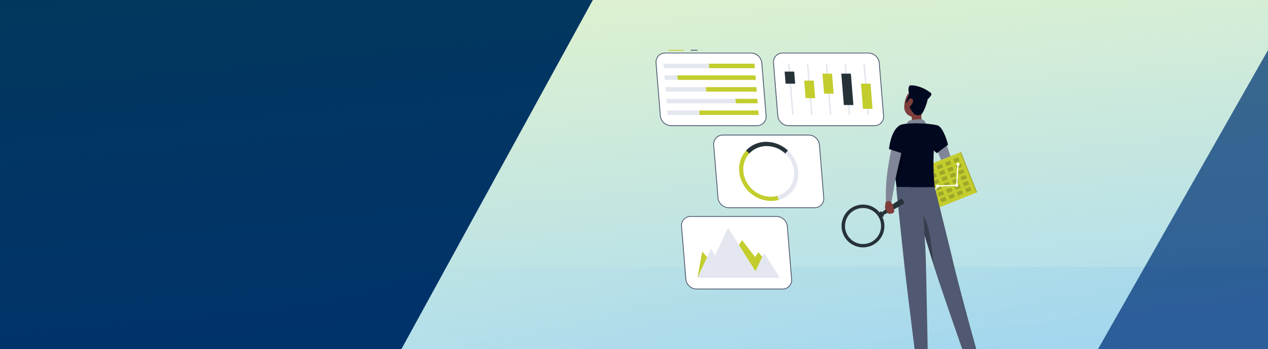 Eine Grafik für den Artikel "10 Best Practices für das IT-Service-Management (ITSM)". Es ist ein Mann zu sehen, der vor mehreren, reduzierten Infografiken steht und eine Lupe in der Hand hat.