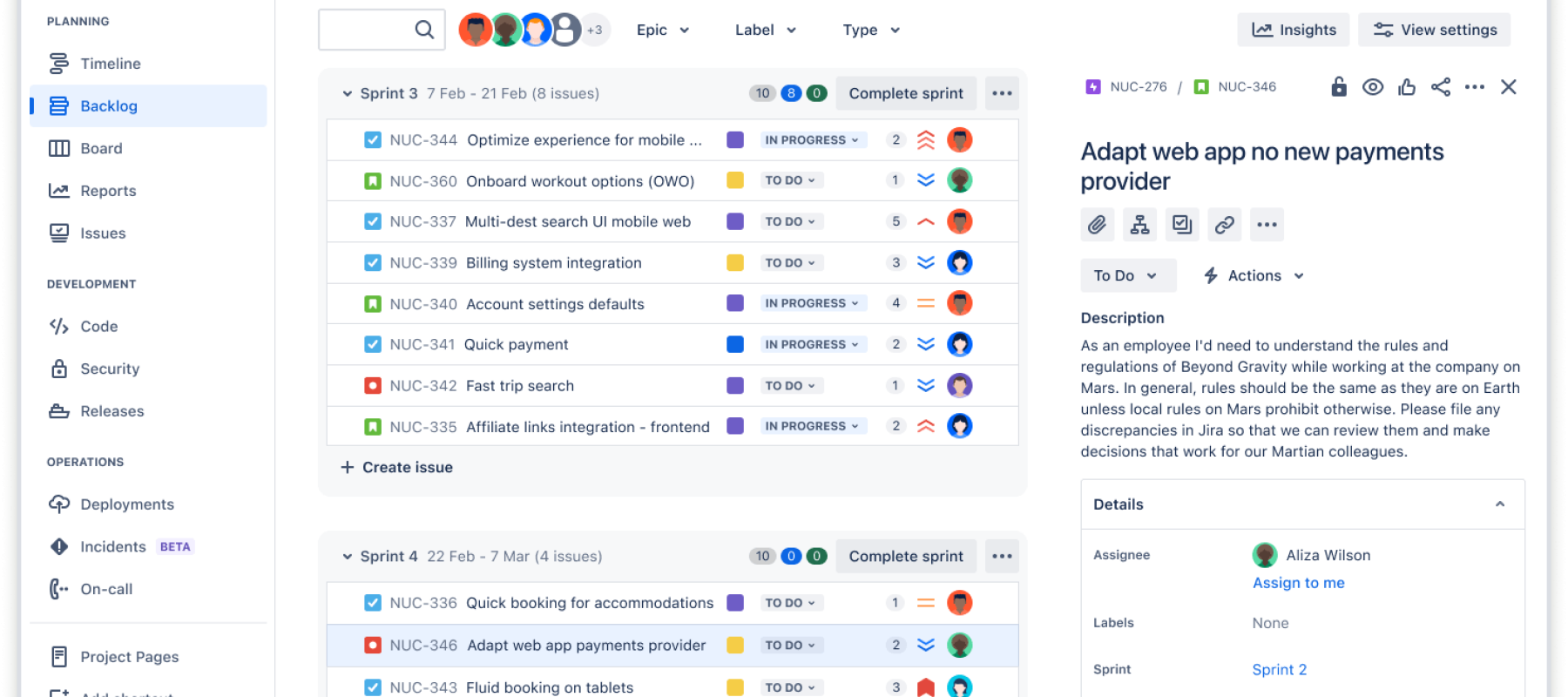 sprint backlog issue selected light mode