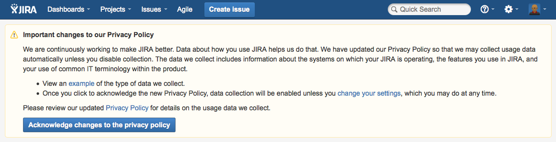 Atlassian Analytics - Privacy policy warning in JIRA