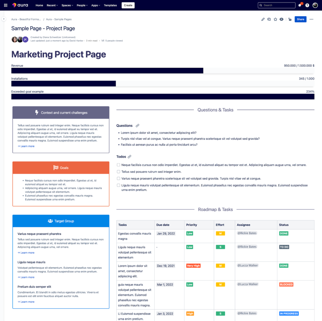 how to plan A Project In Confluence With Aura - sample project page
