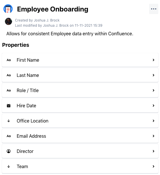 How to Build an Onboarding Space in Confluence Cloud with Blueprint Properties - property group with employee properties