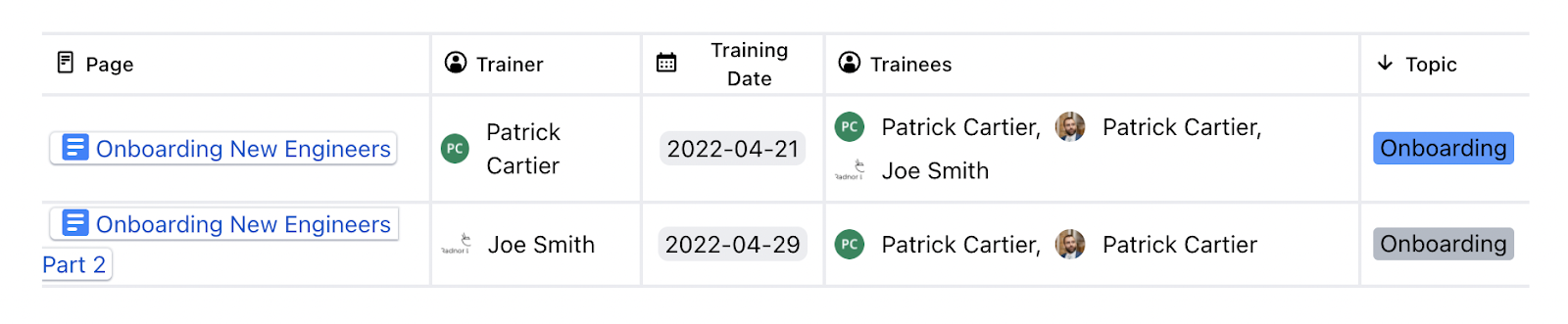 training portal confluence properties - only display onboarding training