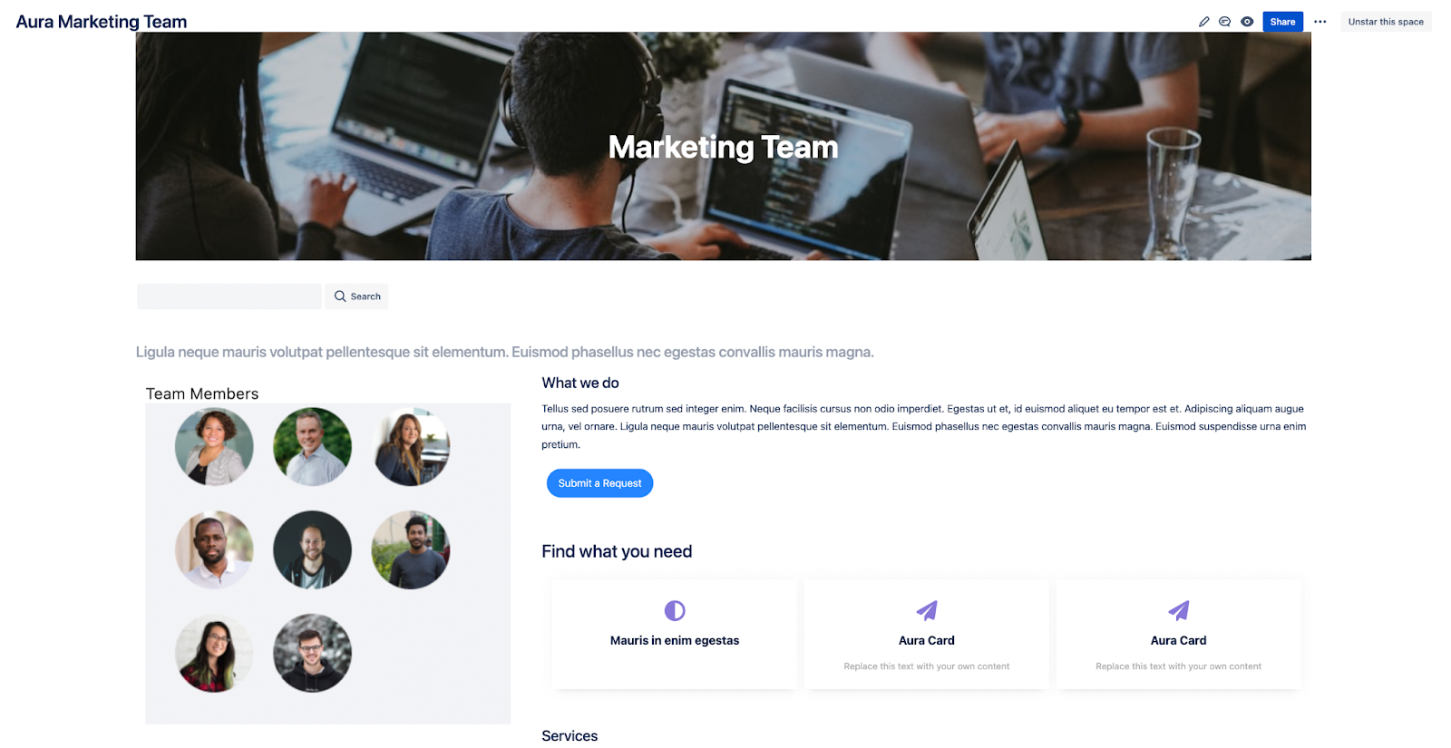How To Create an Engaging Team Page in Confluence - team space: final product with aura title, background, button and cards