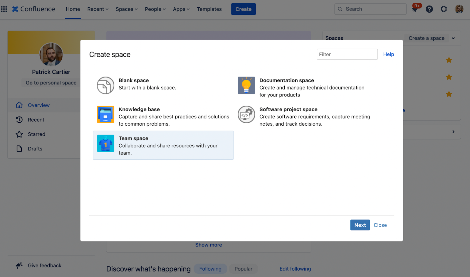 How To Create an Engaging Team Page in Confluence - Create space pop-up windo