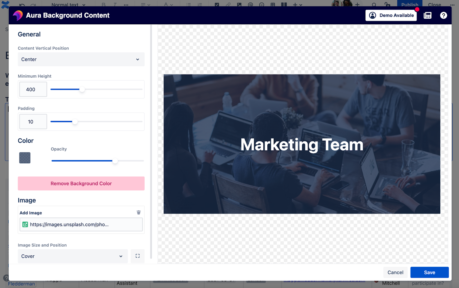 How To Create an Engaging Team Page in Confluence - setting up the Aura Background macro for the Marketing Team space