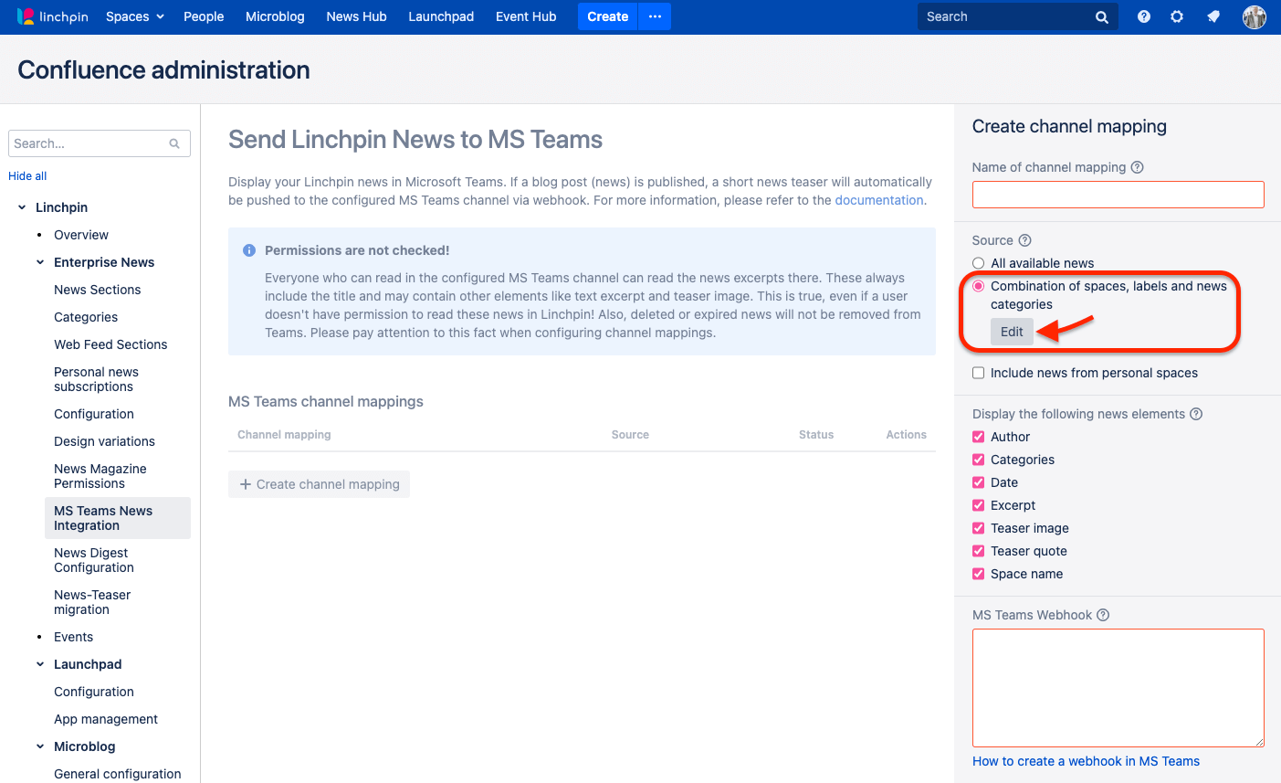 Microsoft Teams and Social Intranets - a Dream Team Thanks to Linchpin - linchpin news in ms teams - combination of spaces, labels and news categories option and edit button