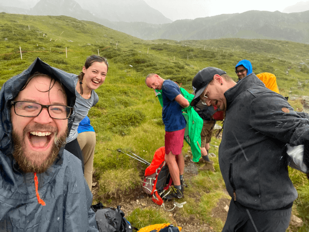 Seibert Media Alps hike - hikers getting soaked and laughing