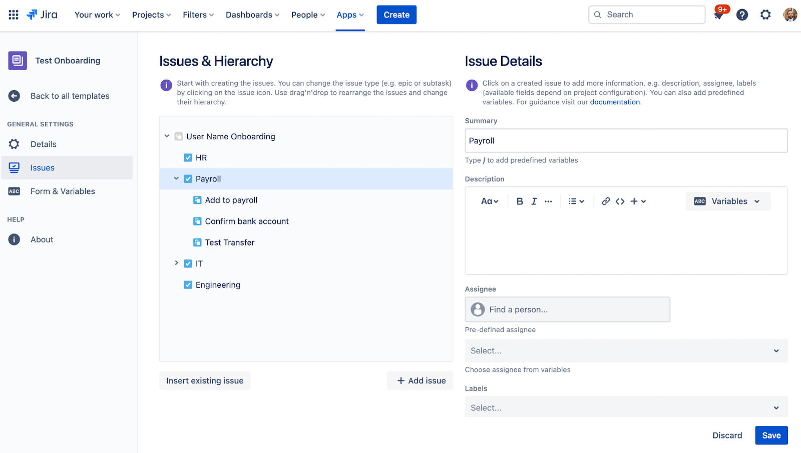 How to Easily Simplify your Onboarding Processes in Jira Cloud - example issue template for HR, IT and Engineering