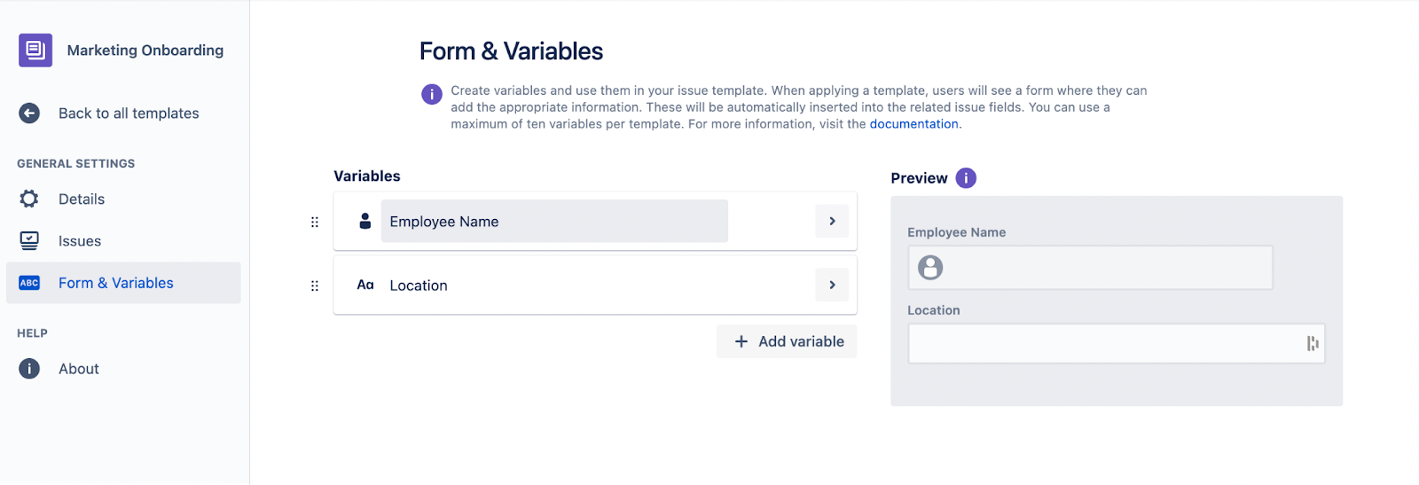 How to Easily Simplify your Onboarding Processes in Jira Cloud - adding variables to the template