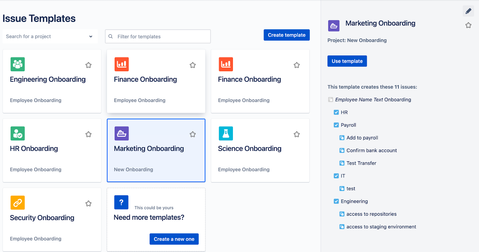 How to Easily Simplify your Onboarding Processes in Jira Cloud - choosing an issue template to create - marketing onboarding template selected