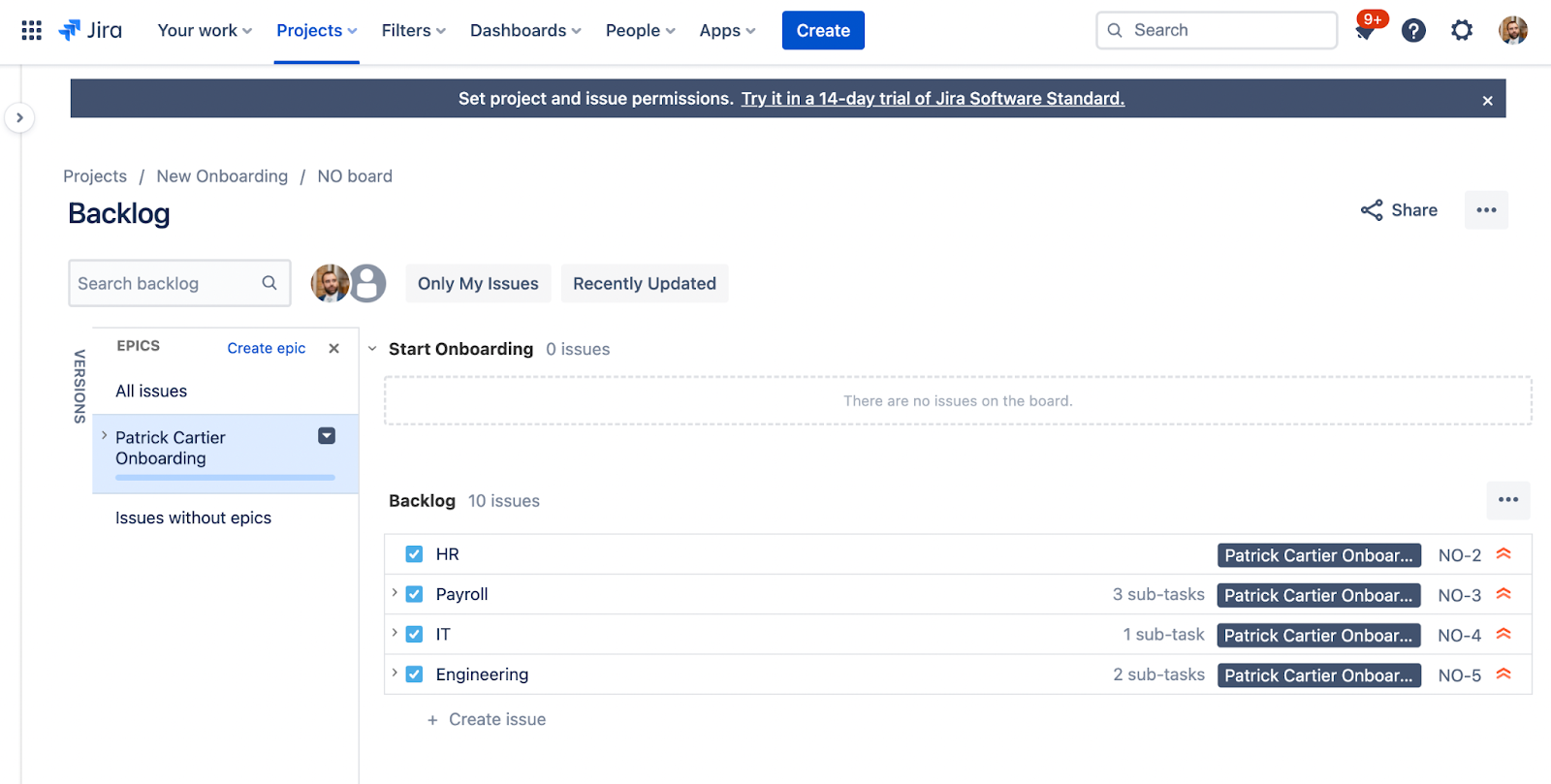How to Easily Simplify your Onboarding Processes in Jira Cloud - example epic for onboarding with template for all departments involved