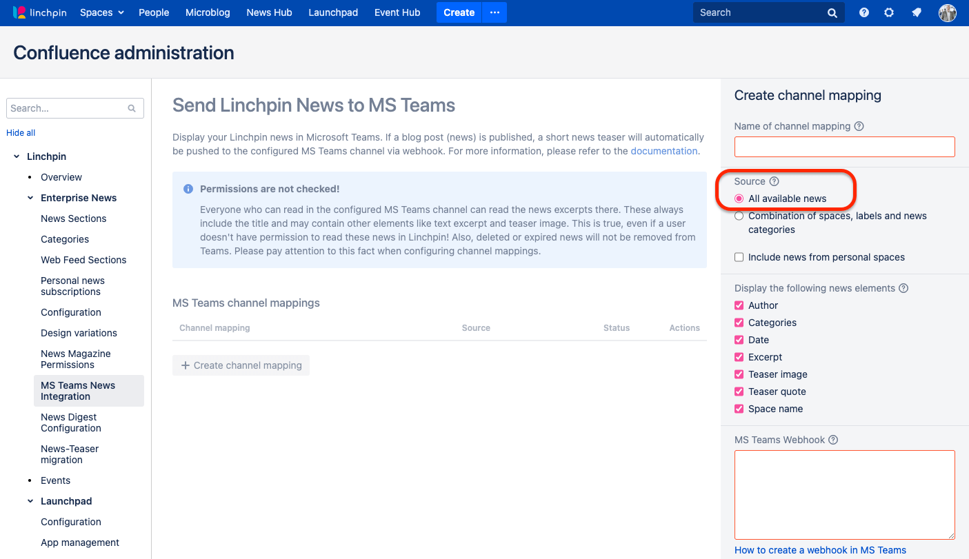Microsoft Teams and Social Intranets - a Dream Team Thanks to Linchpin - linchpin news in ms teams 2 - send all available news option checked
