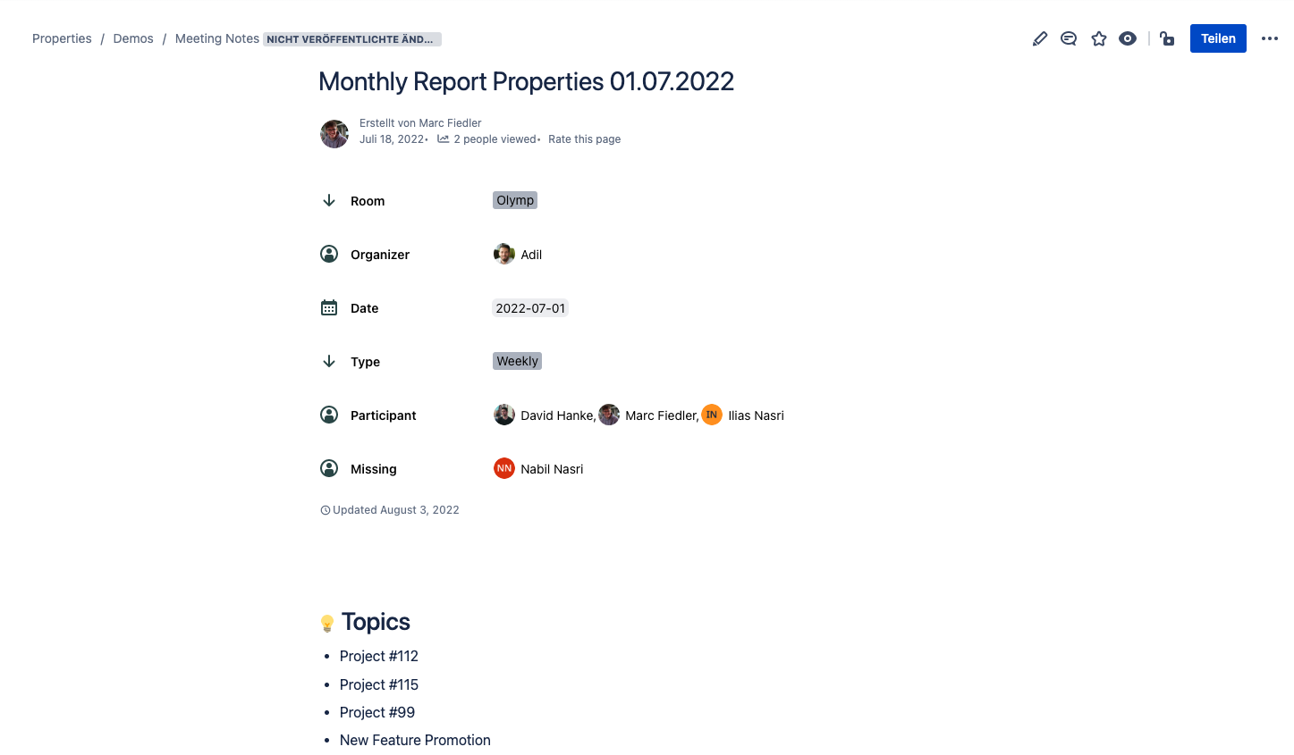 Build A Space for Your Meeting Notes in Confluence Cloud - monthly report properties example