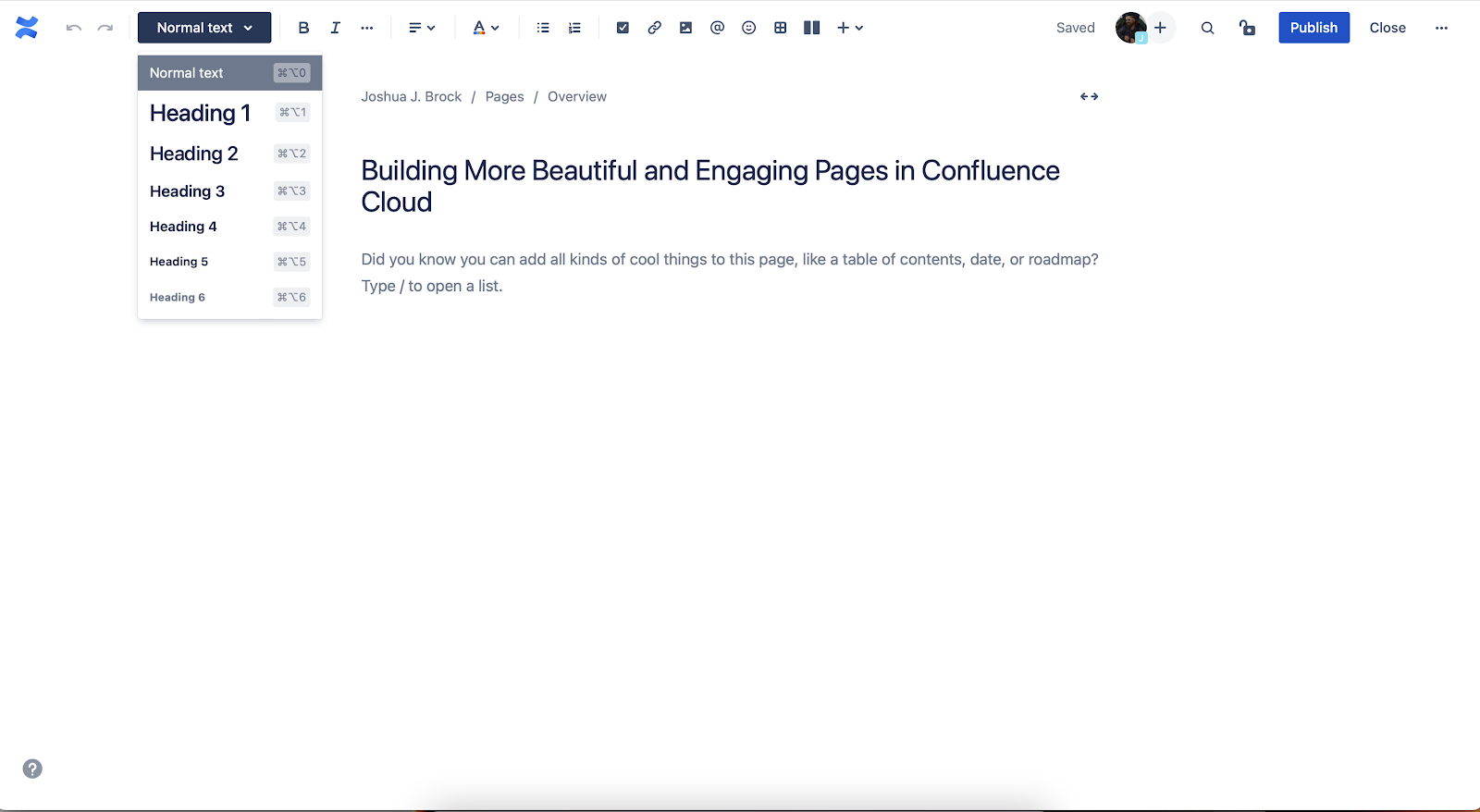 3 Steps To Building More Beautiful and Engaging Pages in Confluence Cloud - standard Confluence editor with page header and heading options