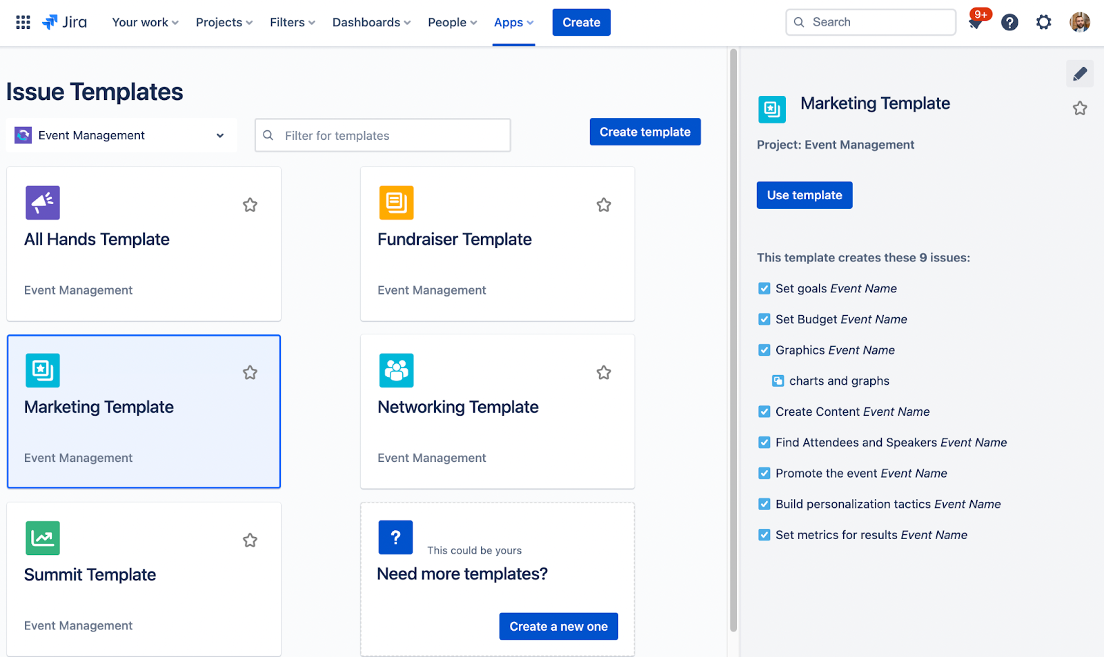 How to better plan events with Jira Cloud and Easy Issue Templates - window showing list of issue templates in template library