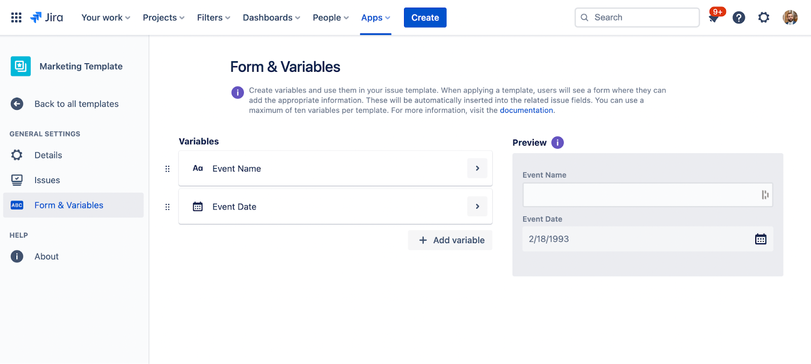 How to better plan events with Jira Cloud and Easy Issue Templates - setting up variables in the Forms & Variables menu