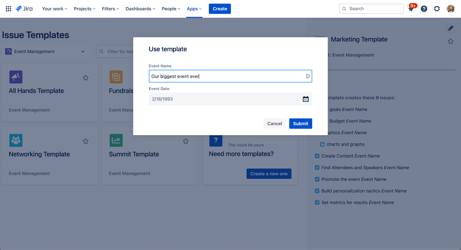 How to better plan events with Jira Cloud and Easy Issue Templates - pop-up of variable prompting to be filled in
