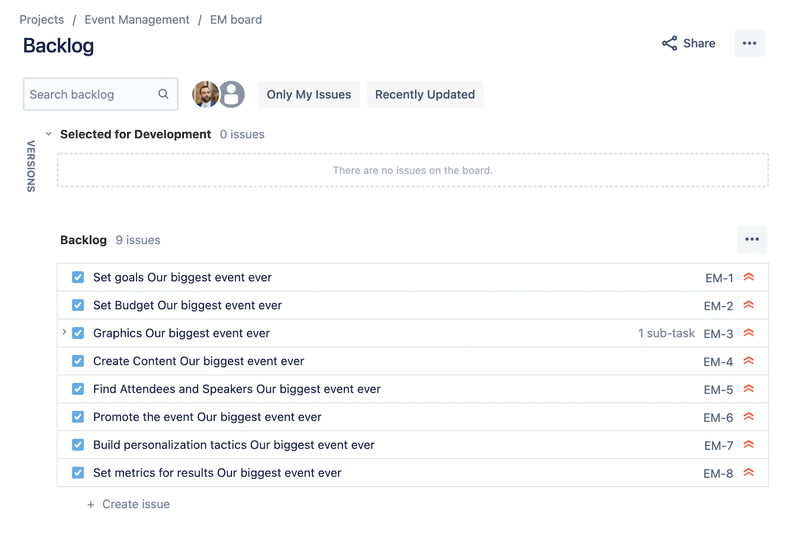 How to better plan events with Jira Cloud and Easy Issue Templates - prepopulated summaries for various issues in the form of a backlog