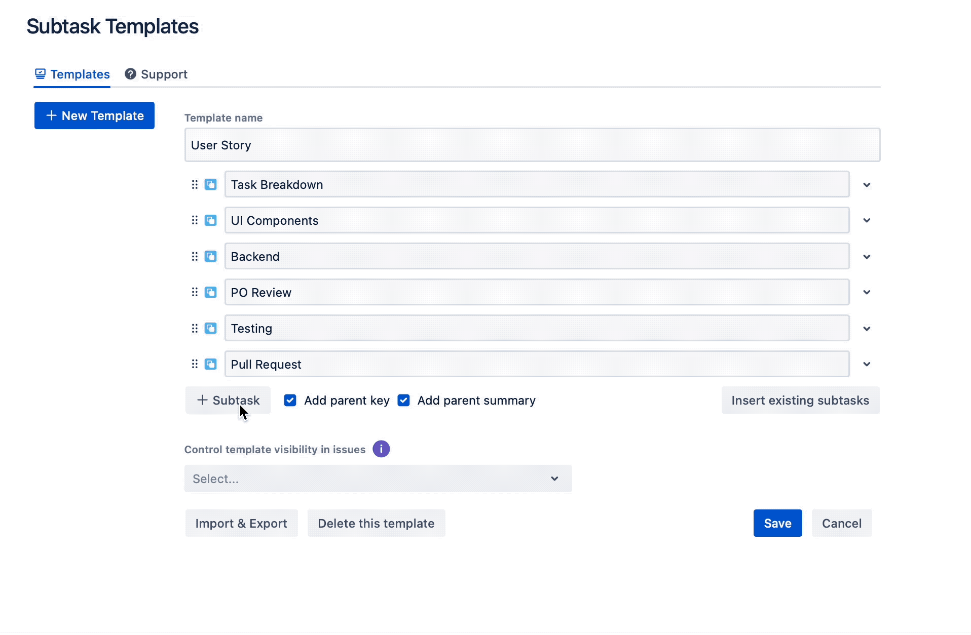 Build Your Internal Processes in Jira Cloud with Easy Issue Templates - gif of adding a subtask to an existing list