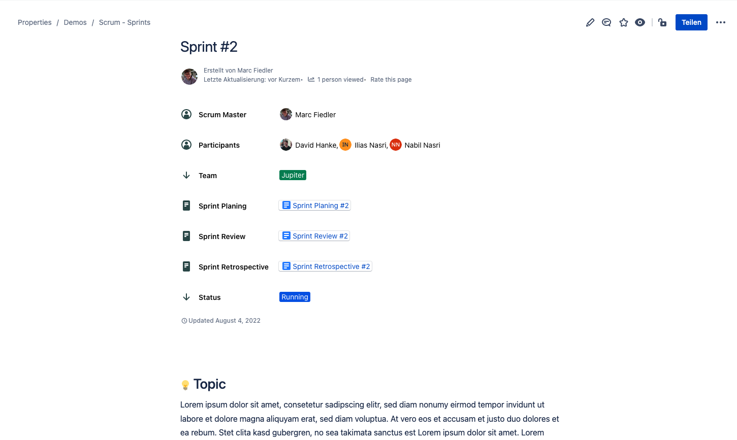 How to Display All Your Teams Scrum Sprints in Confluence Cloud - properties group at top of sprint page