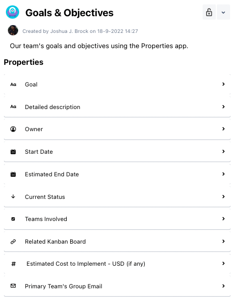 Keep Track of Your Team's Goals and Objectives in Confluence Cloud - example of completed properties group about goals and objectives