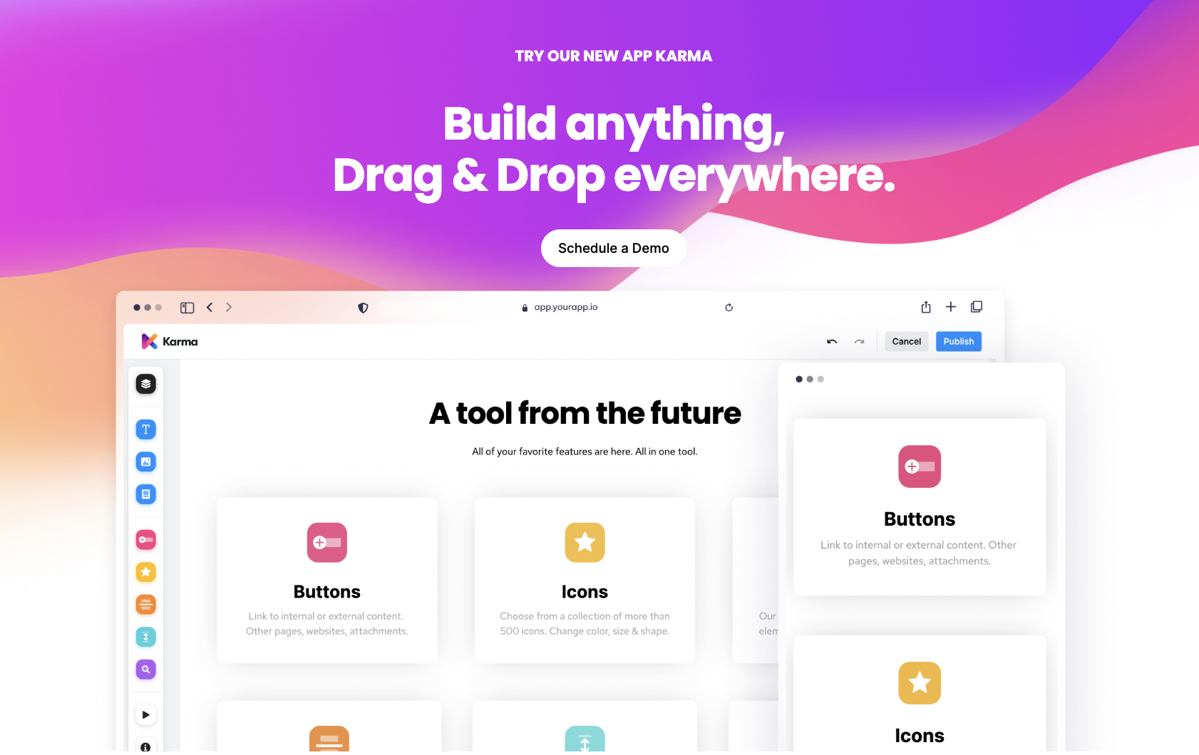 Build Beautiful Confluence Pages With Just a Few Clicks - image with Karma app in the background, reading "build anything, drag & drop anywhere"