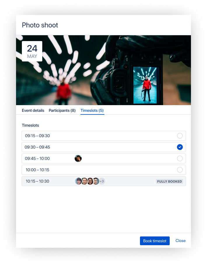 A detailed view of an event inside Linchpin, the Confluence-based intranet. A new, separate tab lets you book a pre-defined time slot. You can also see who booked which time slot.