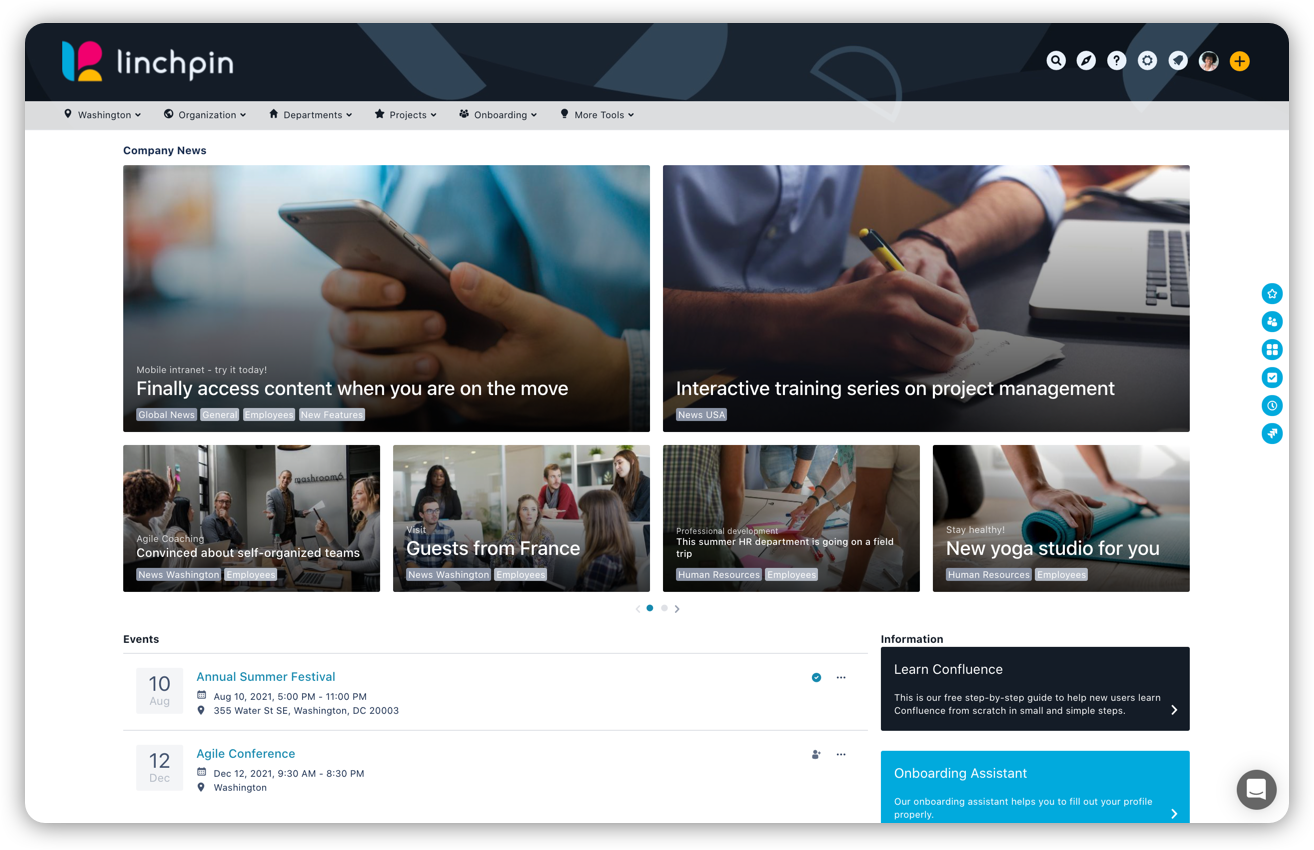 The personalized dashbaord of the Linchpin Intranet Suite within Confluence Data Center with a stylied header, fitting the corporate identity, some big, modern news teasers and an event list.