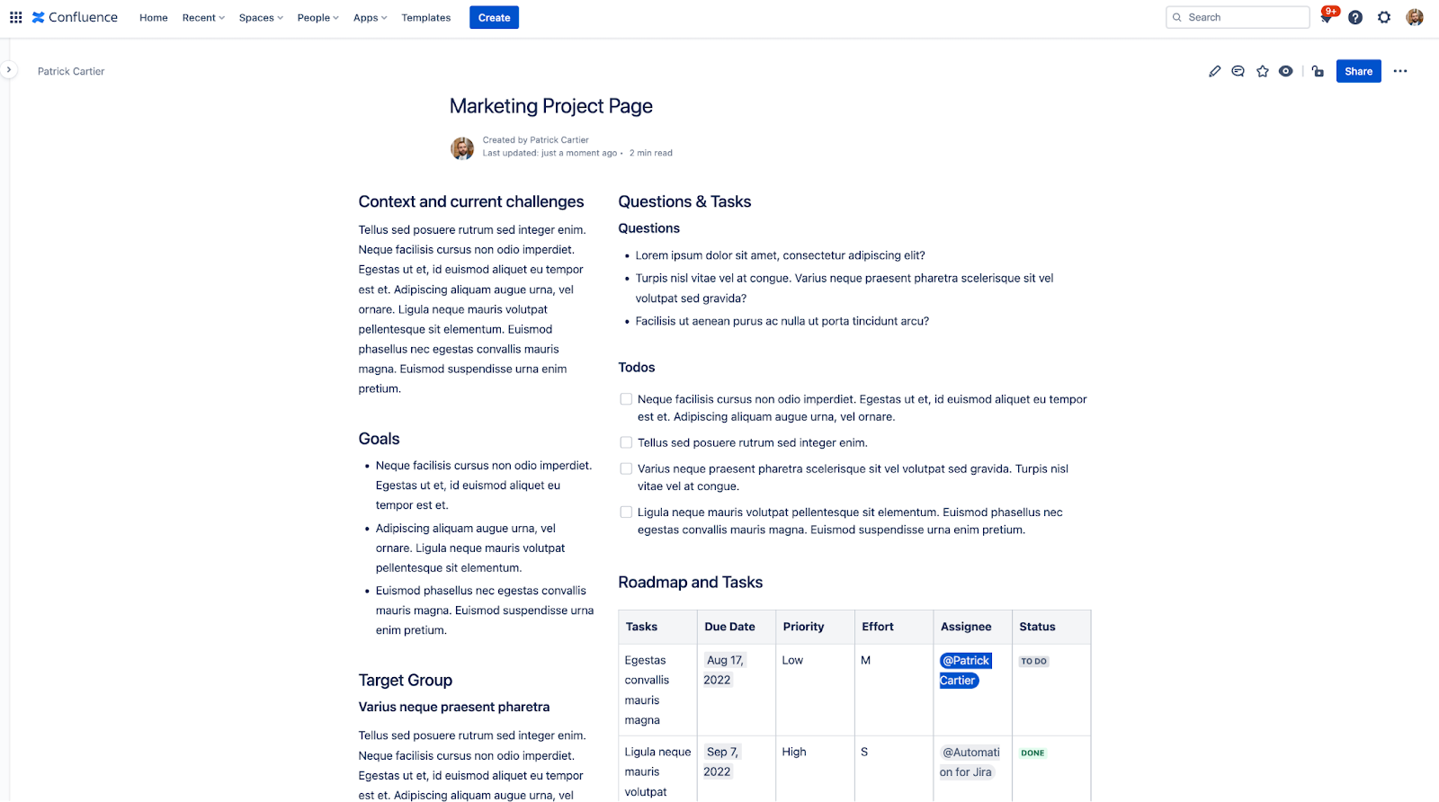 How teams design beautiful Confluence pages to share their projects and ideas - confluence page created with standard confluence macros