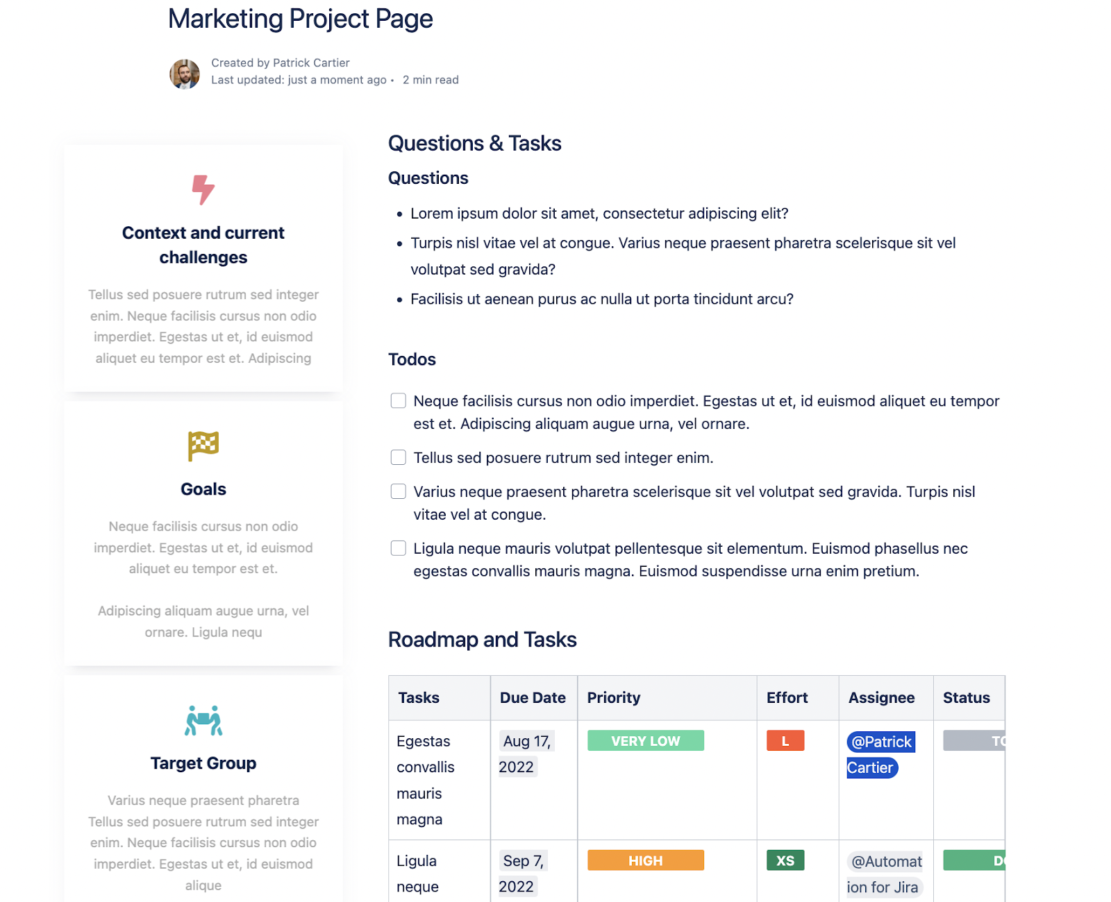 How teams design beautiful Confluence pages to share their projects and ideas - finished page with Aura button, cards and status macros