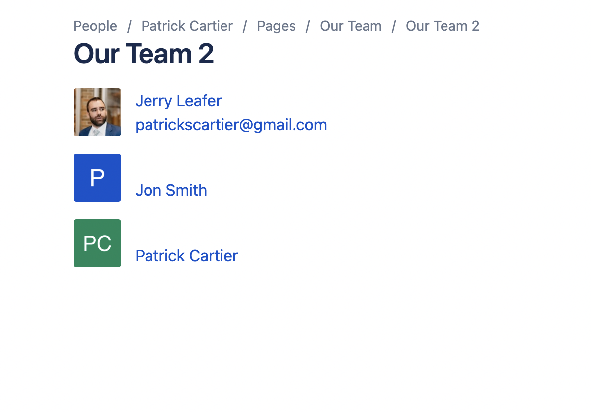 Making a People-centric Confluence Page - confluence user profile used on a team page