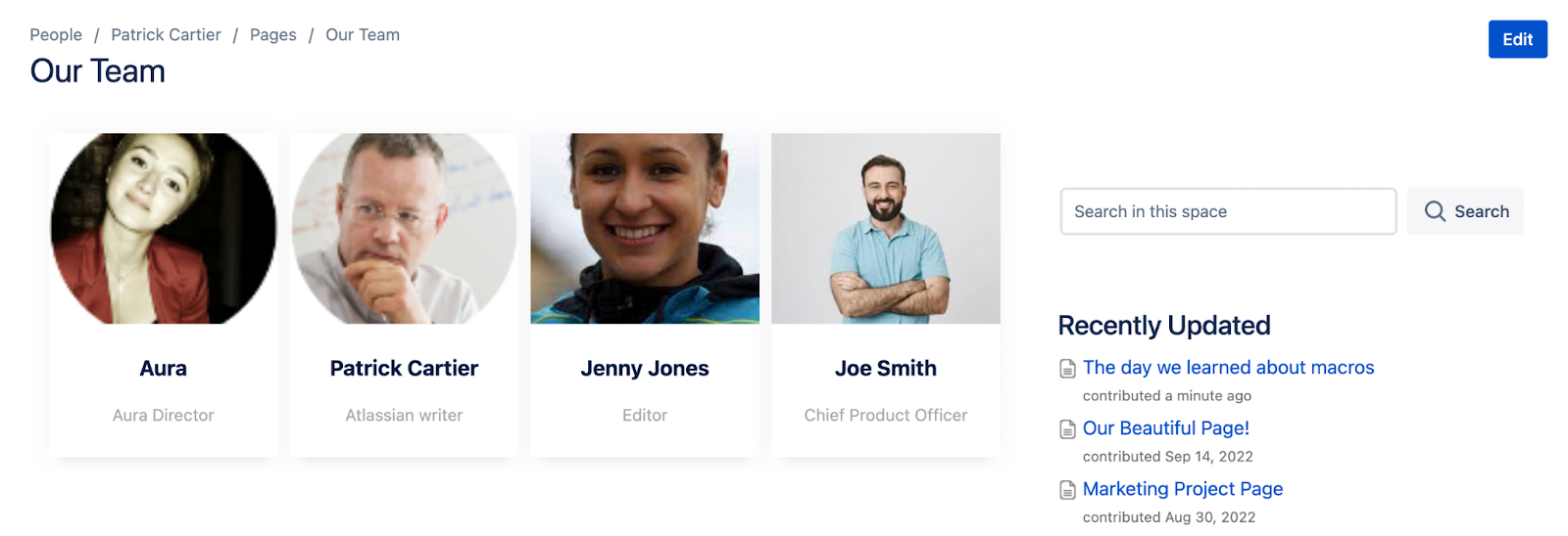 Making a People-centric Confluence Page - Aura Cards used on team page