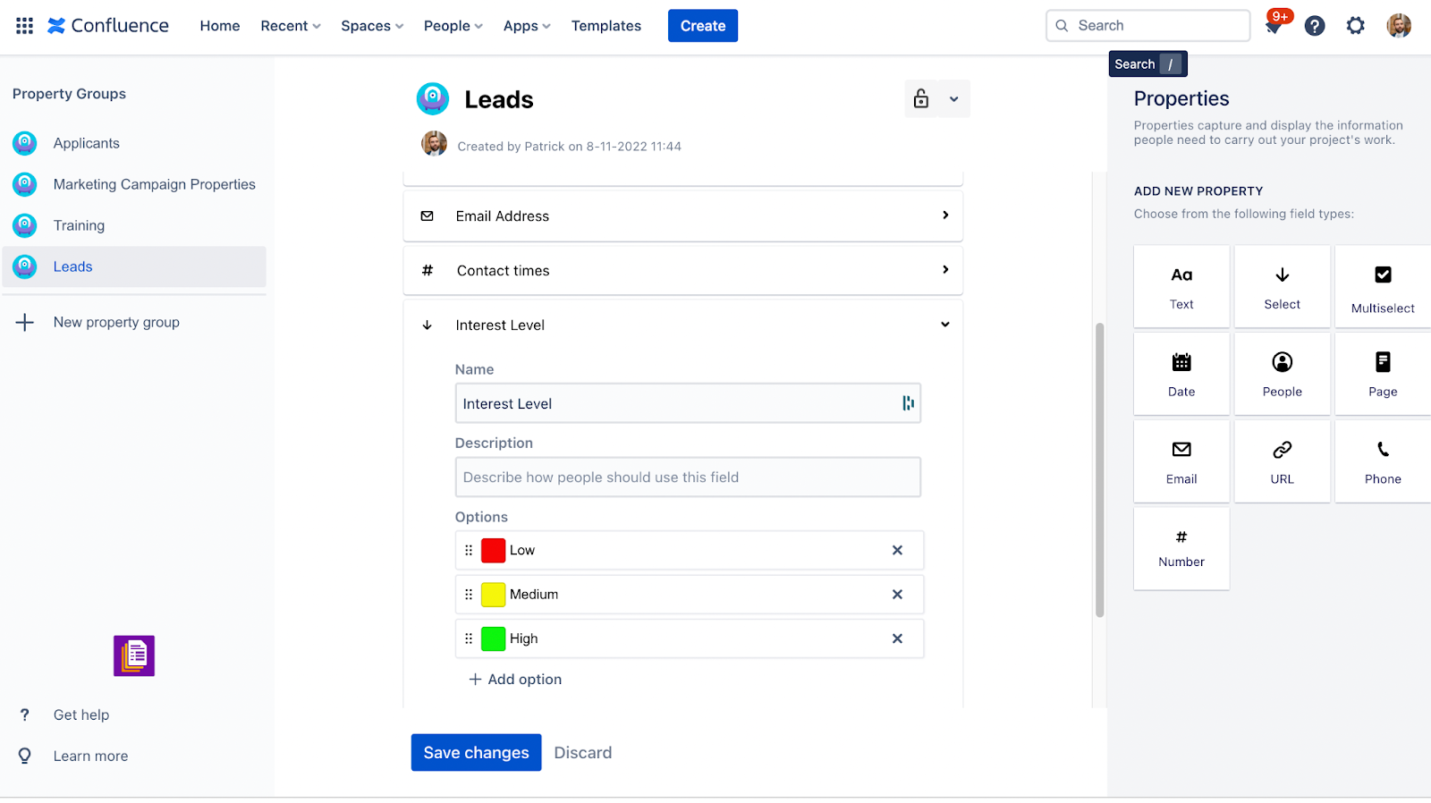 Document your leads from the first contact in Confluence Cloud - image showing a property group set up for a new lead with information like email address, contact times and interest level