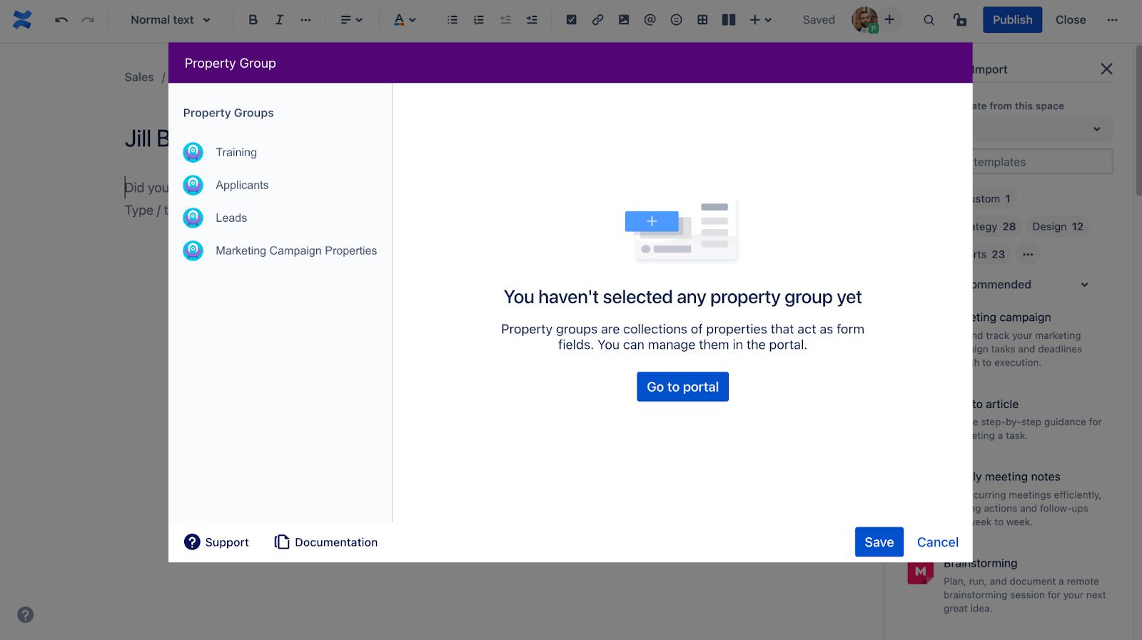 Document your leads from the first contact in Confluence Cloud - image showing first screen that pops up when adding a property group macro including the go to portal button