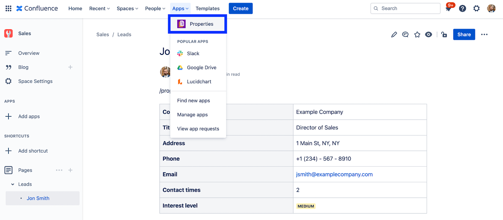 Document your leads from the first contact in Confluence Cloud - image showing properties app location in the Confluence menu