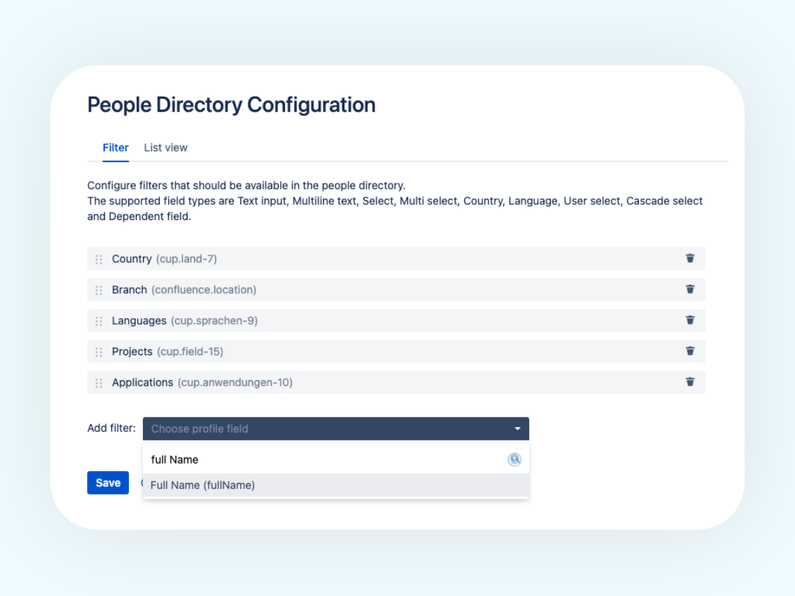 In the picture: The configuration screen for filters within the people directory in Linchpin Intranet Suite, featuring new filter options.