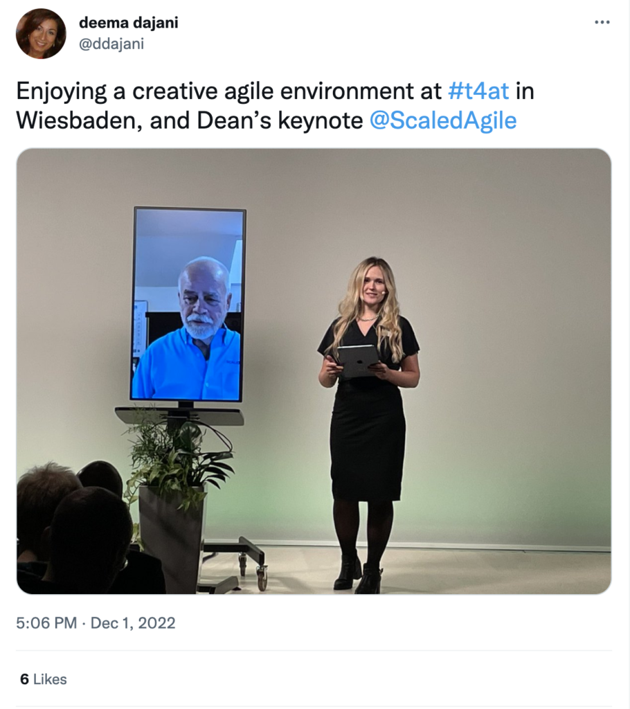 The 11th Tools4AgileTeams - Review of THE Agile Event of the Year! - tweet deema dajani saying "enjoying a creative agile environment at t4at in wiesbaden, and Dean's keynote"