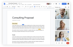 Hybrid work with Google Workspace - Part 5: Scenarios for Successful Meetings - Screenshot of several people working in a Google Doc at the same time during a work session