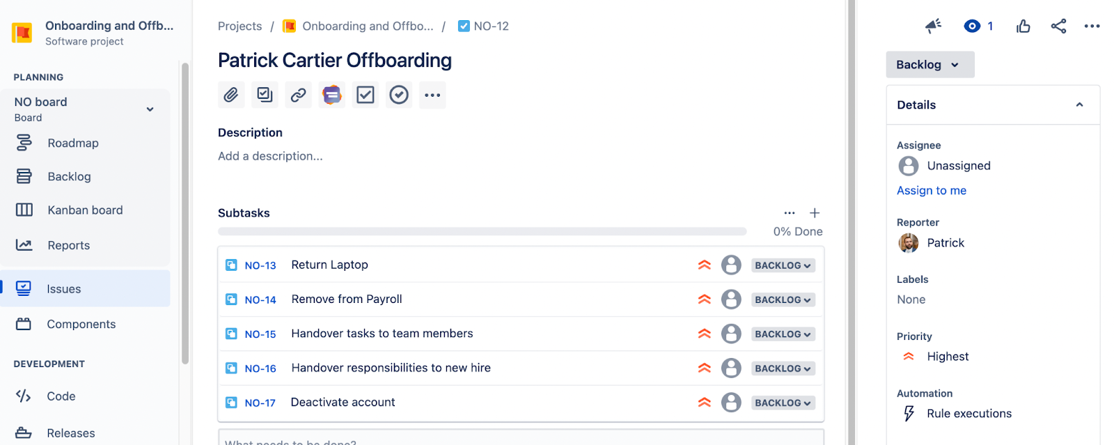 Simplify your offboarding processes with Easy Issues & Subtask Templates - Jira ticket with list of subtasks for offboarding Patrick Cartier