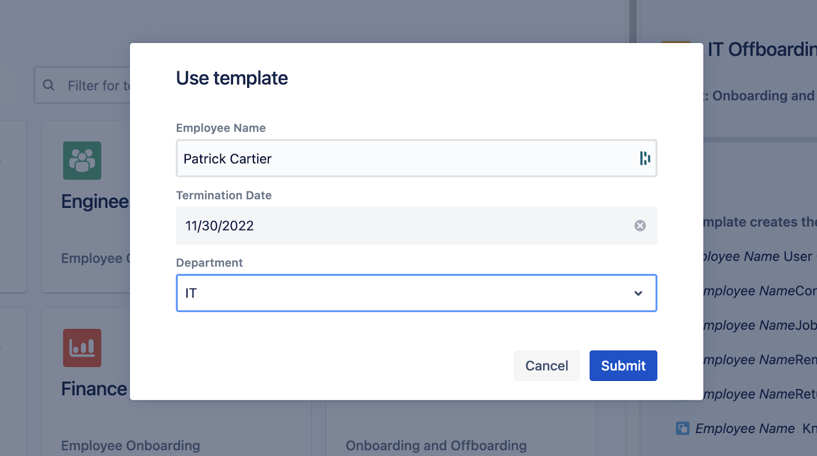 Simplify your offboarding processes with Easy Issues & Subtask Templates - app prompting user to input information in the variables within the template