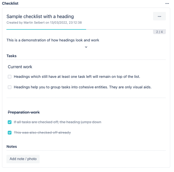 Checklists for Confluence - checklist with headers and showing the add note/photo button
