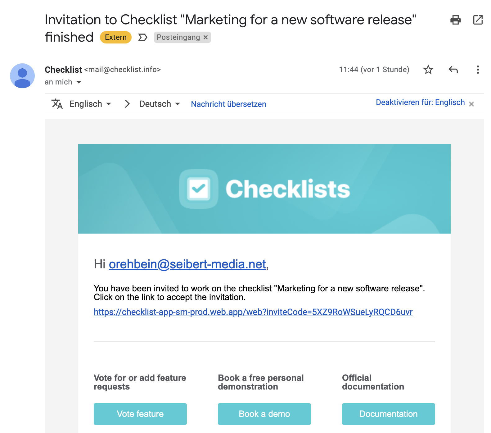 Checklists for Confluence - Email with link of a checklist that is being shared