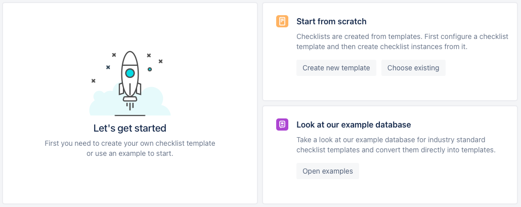 Checklists for Confluence - screen you see when first opening app with create nwe template, choose existing and open examples buttons