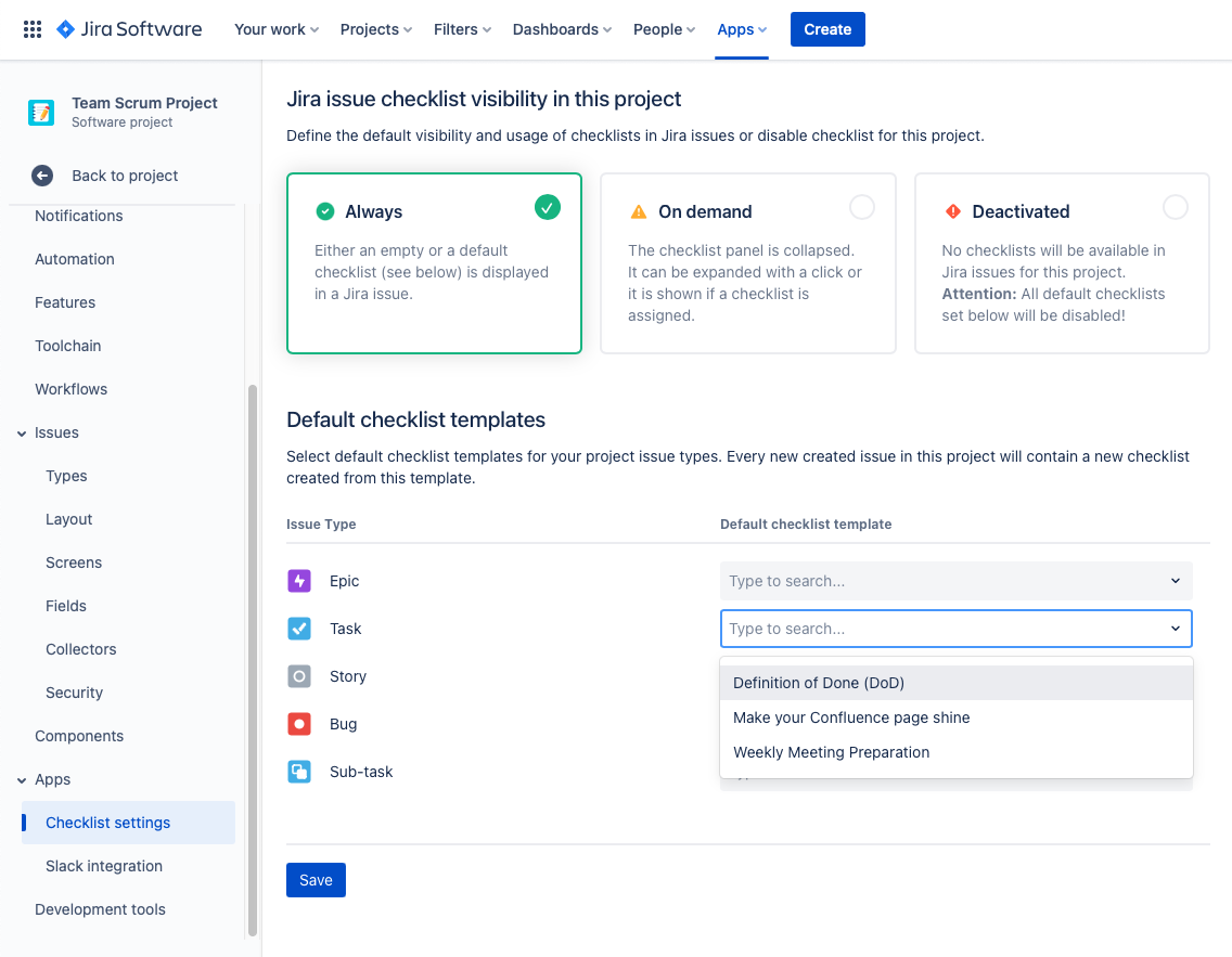 How to Easily Create Checklists in Jira - Adding a default checklist to every created jira issue