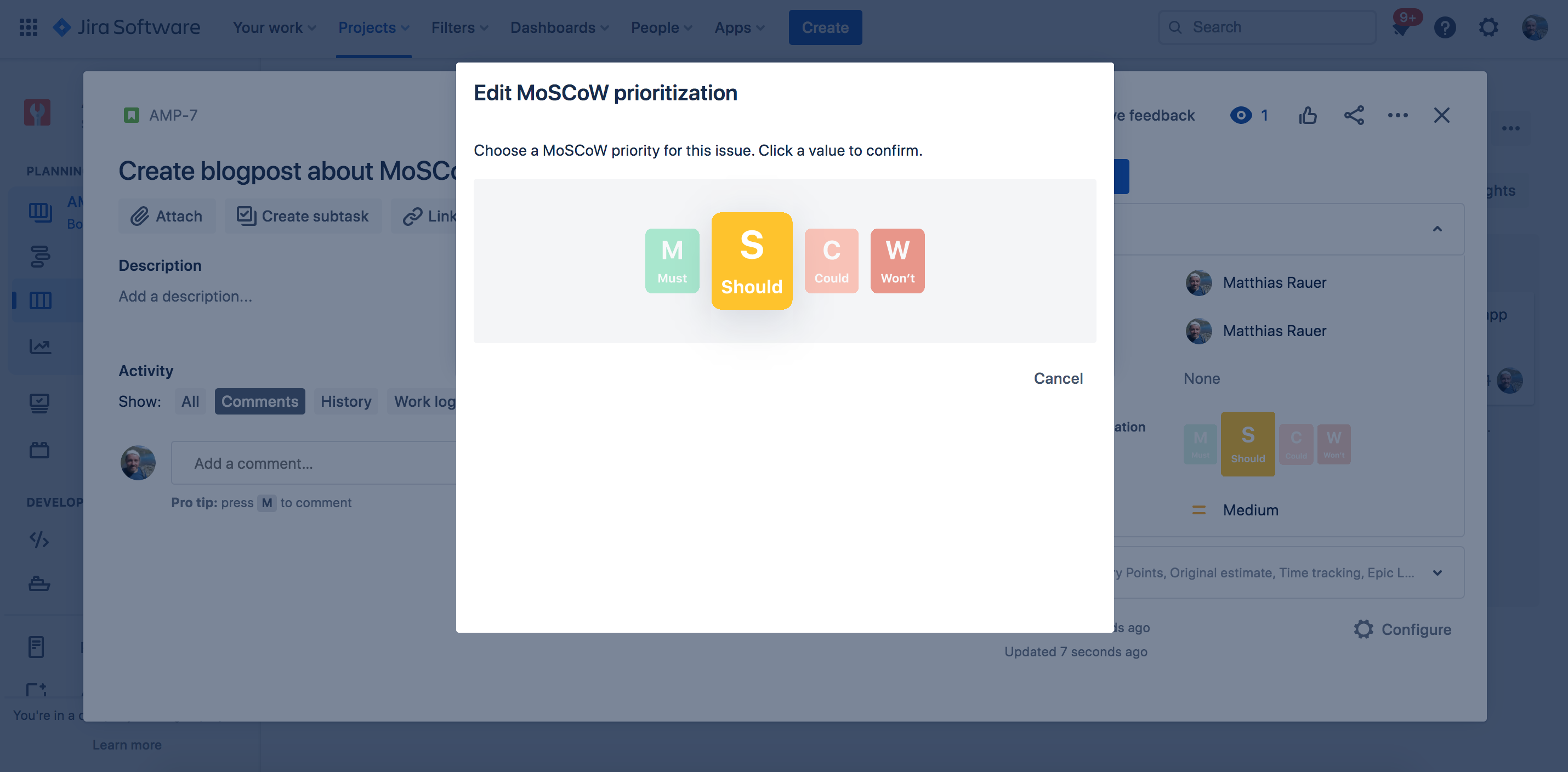 The MoSCoW method: Intuitively understandable prioritizations - also visible in Jira - Choosing a MoSCoW priority in Jira