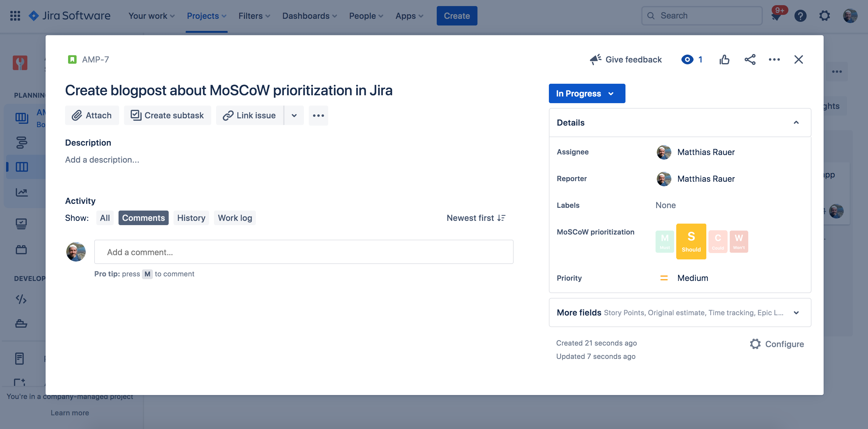 The MoSCoW method: Intuitively understandable prioritizations - MoSCoW priority displayed in the right column inside a jira issue