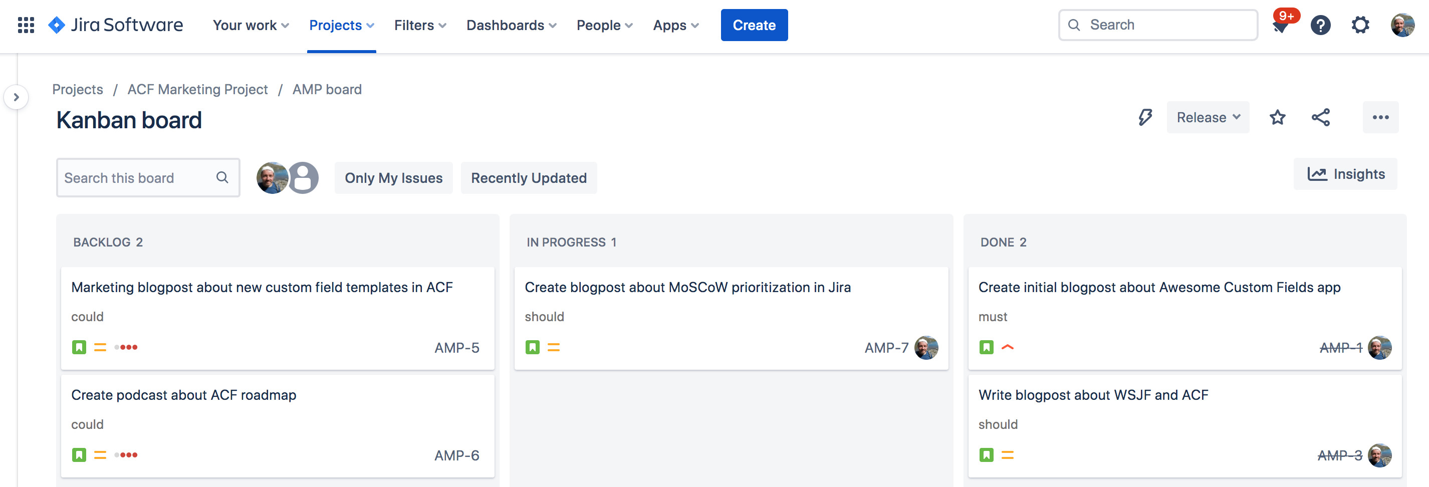 The MoSCoW method: Intuitively understandable prioritizations - MoSCoW priority displayed on the jira issue tiles on the Kanban boad