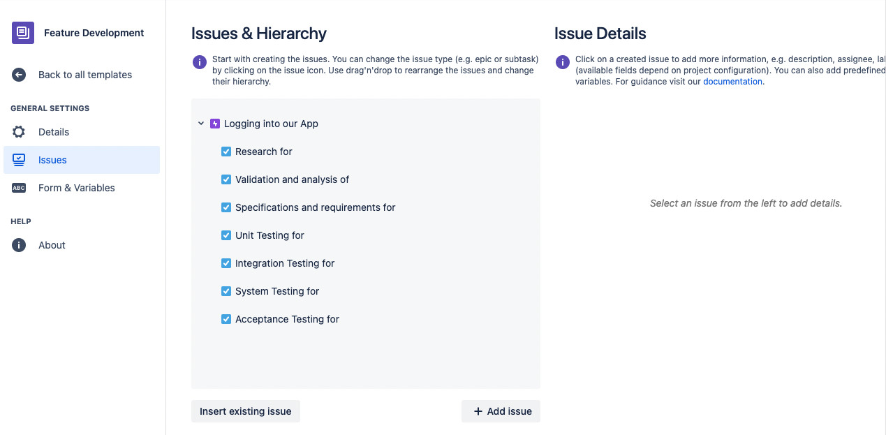 Structured Development Tasks in Jira - Template set up with tasks for new feature