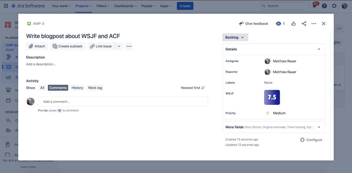 The Wsjf Method for Prioritizing Work - and Integrating It in Jira with Awesome Custom Fields - WSJF in Jira Details panel on the right using Awesome Custom Fields