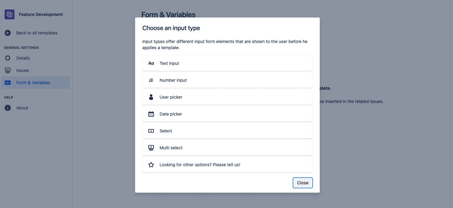 Structured Development Tasks in Jira - choosing a variable input type